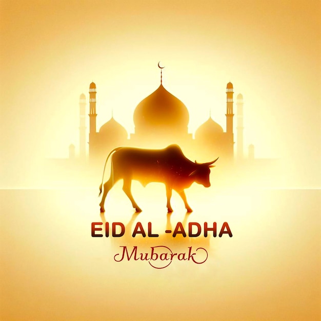 Eid al adha elegant background design with a silhouette of mosque and a cow