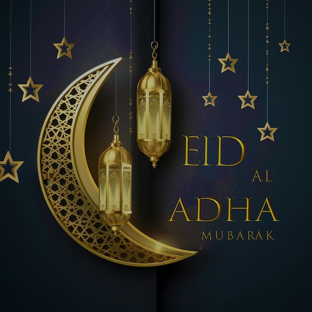 Eid al Adha glowing greeting with half moon and lantern