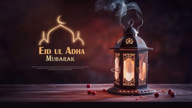 Eid Al Adha greeting card with mosque and Moon