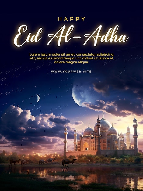 Eid al adha greeting poster with camel and mosque in beautiful night