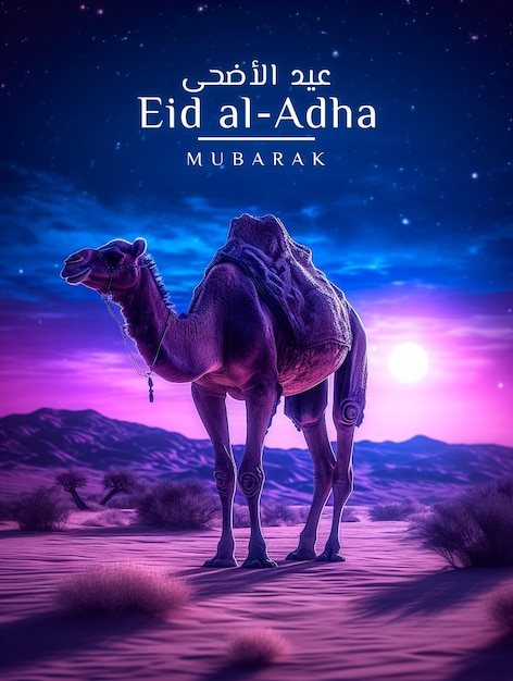 Eid al adha greeting with camel in beautiful night Background