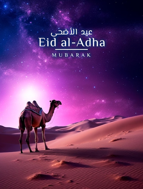 Eid al adha greeting with camel in beautiful night Background