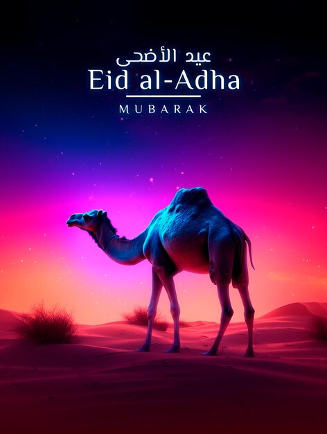 Eid al adha greeting with camel in beautiful night Background