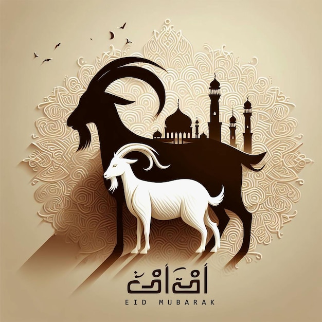 Eid Al Adha greeting with goat and mosque banner design