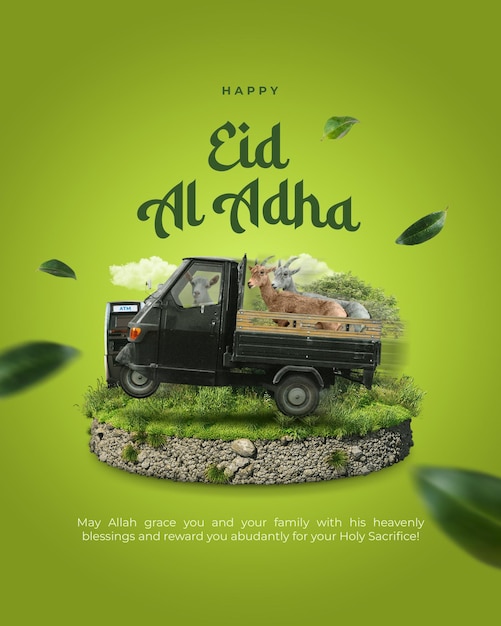 Eid Al Adha Greetings Poster With Three Goats Driving The Car