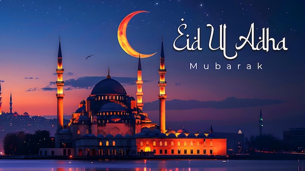 Eid al adha mubarak banner with night sky star moon mosque and lantern