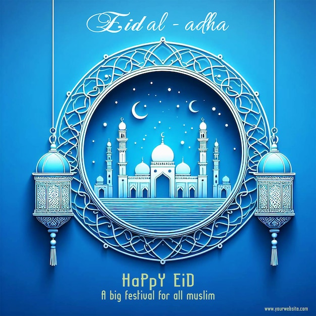 Eid al adha mubarak beautiful greeting blue background