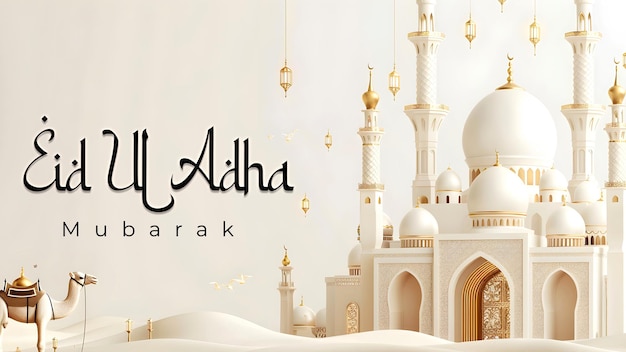 eid al adha mubarak islamic banner with mosque template on red and white background