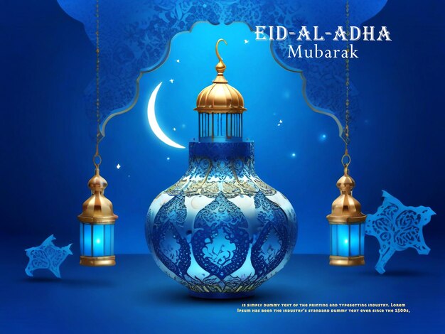 Eid Al Adha mubarak Islamic religious greeting blue background lantern design