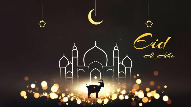 Eid Al Adha Mubarak moon mosque goat greeting festival background