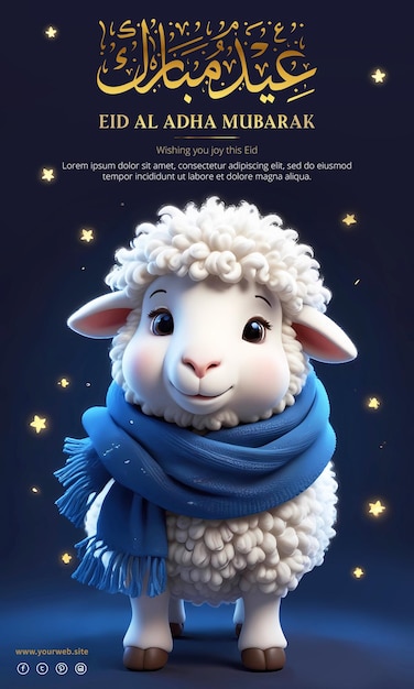 Eid al adha mubarak poster template with 3d rendering baby sheep wearing blue scarf