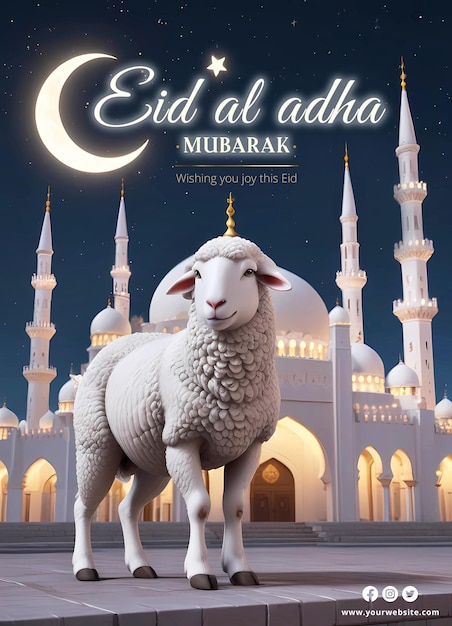 Eid al adha mubarak poster template with 3d rendering sheep and islamic white mosque