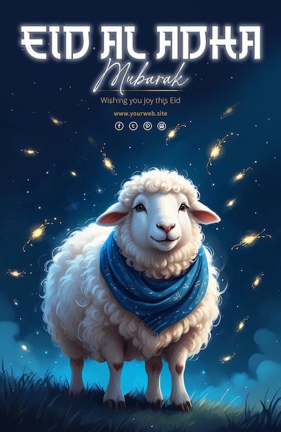 Eid al adha mubarak poster template with 3d rendering sheep wearing blue scarf