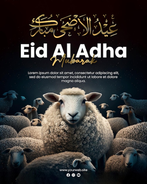 eid al adha mubarak poster template with sheep background