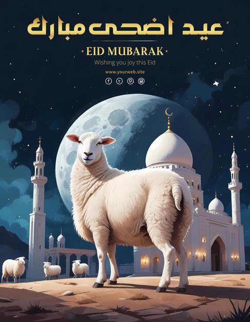 Eid al adha mubarak poster template with sheep and islamic white mosque