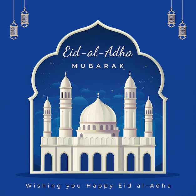 Eid al Adha post template with a mosque on it and a blue background