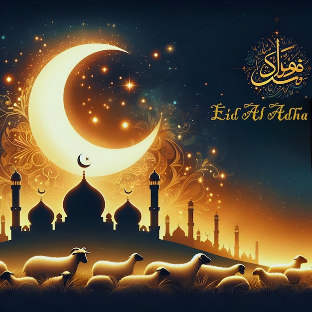 Eid Al adha poster banner with sheep and mosque background