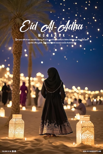 PSD eid al adha poster concept a celebrating under the flying lanterns desert sky families come together