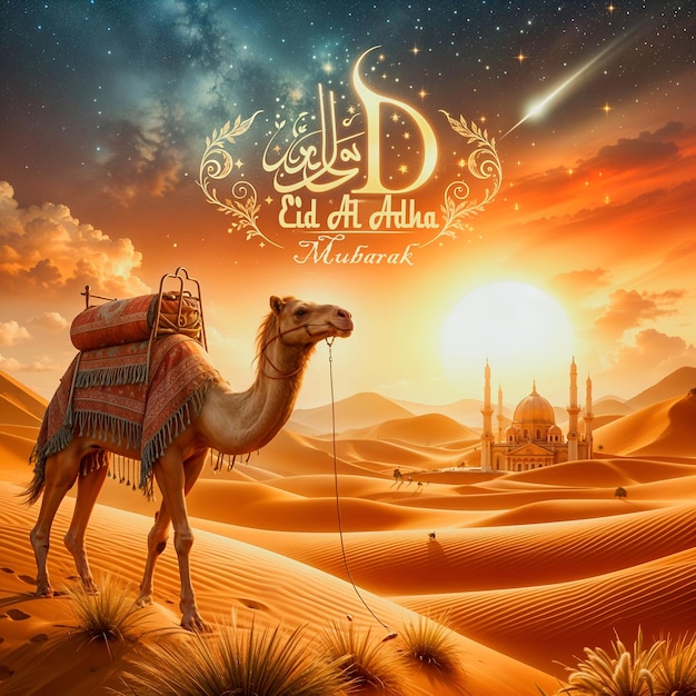 Eid al Adha poster template with a background of camel walking in desert