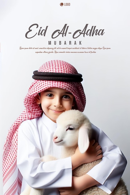 Eid Al adha poster with a background from a little Arabian boy hugging a beautiful white sheep