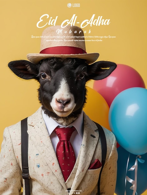 PSD eid al adha poster with a background from sheep wearing suit and colorful balloons in the background