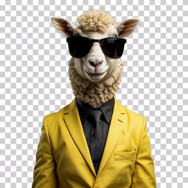 PSD eid al adha sheep wearing yellow and sunglasses suit standing on transparent background