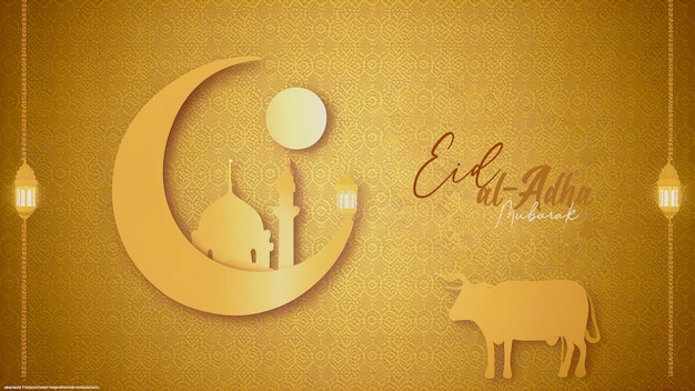 eid al adha yellow Banner with an arabic mosque and moon