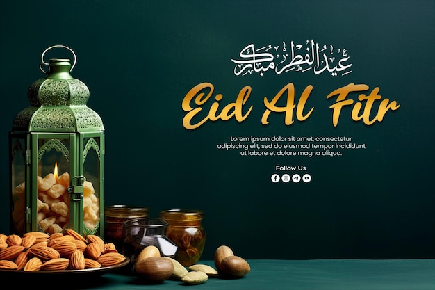 eid al fitr banner template with Arabic lantern and snacks on green background