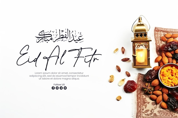 PSD eid al fitr banner template with arabic lantern and snacks on white background