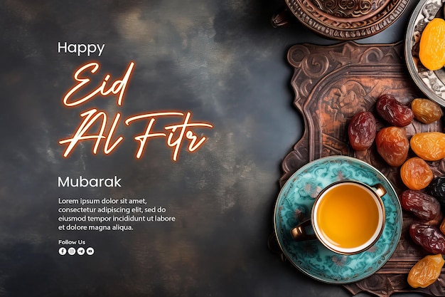 PSD eid al fitr banner template with cup of tea with dried fruits on the table on the dark background