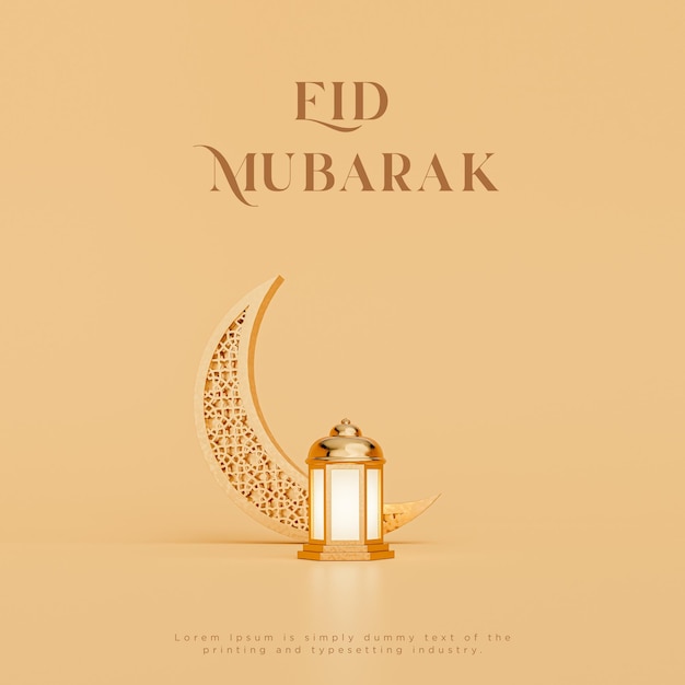 Eid al fitr Eid mubarak islamic crescent lantern greetings gold background 3d render