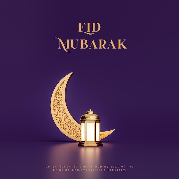 Eid al fitr Eid mubarak islamic crescent lantern greetings purple gold background 3d render