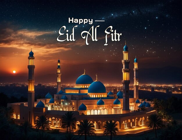 Eid Al Fitr Eid Mubarak mosque Islamic background design with moon