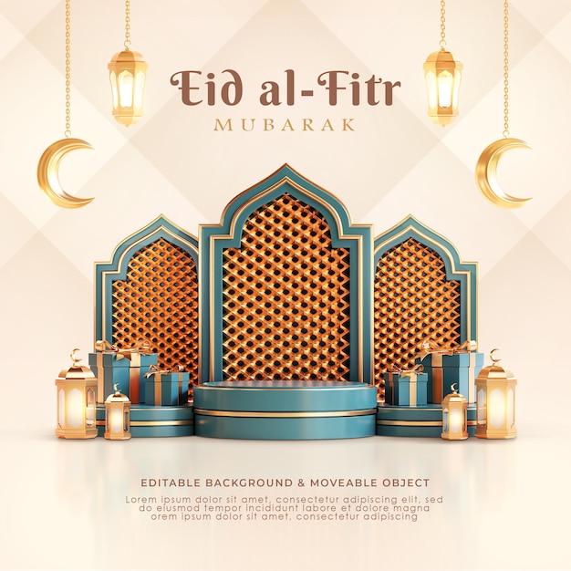 Eid al Fitr Mubarak Social Media Template 3d Podium Arabic Islamic Lantern Crescent Moon Green Cyan