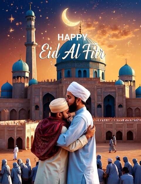 Eid Al Fitr Mubarak of young men hugging each other in occasion of Islamic Festival Eid Mubarak