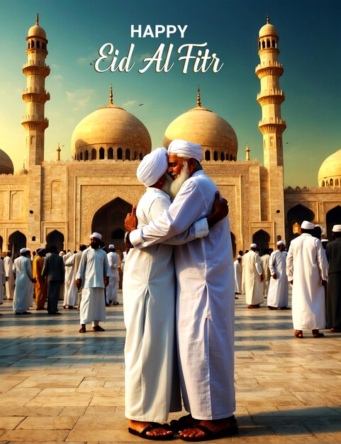 Eid Al Fitr Mubarak of young men hugging each other in occasion of Islamic Festival Eid Mubarak