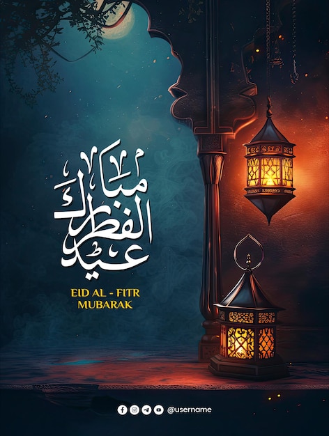 eid al fitr poster template with a lantern background at night