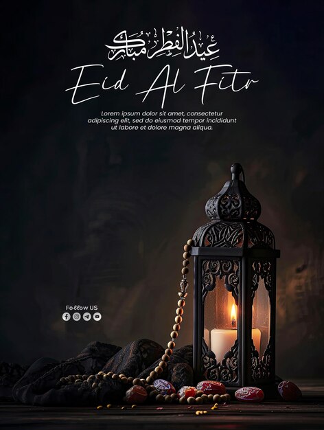 PSD eid al fitr poster template with low light photo of lantern fruit dates and rosary beads