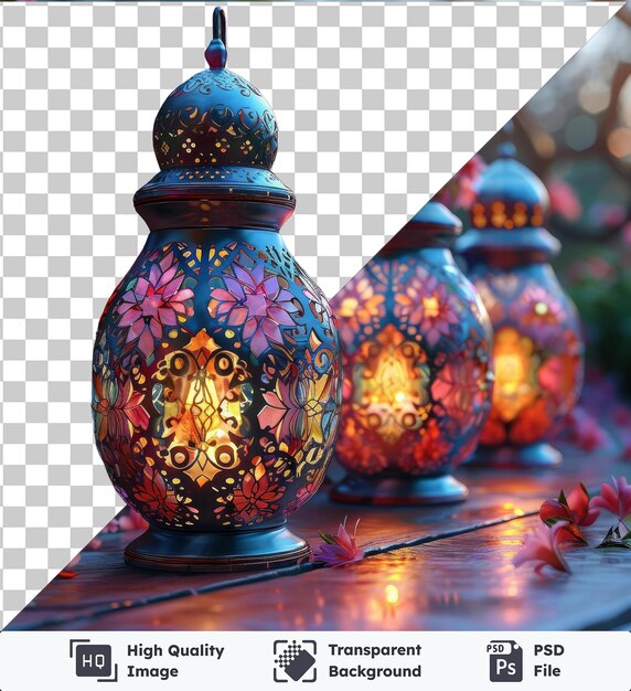 eid al fitr traditional lanterns illuminate a wooden table adorned with a colorful arrangement of flowers including pink purple and red blooms