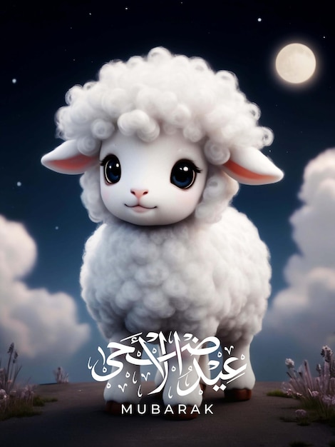 Eid alAdha holiday poster with a strange cloud sheep named Lumina with a body with soft fur as whi