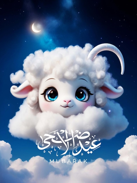 Eid alAdha poster with a strange cloud sheep named Lumina with a body with soft fur as white as mo