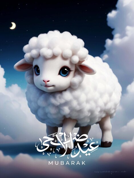 Eid alAdha poster with a strange cloud sheep named Lumina with a body with soft fur as white as mo