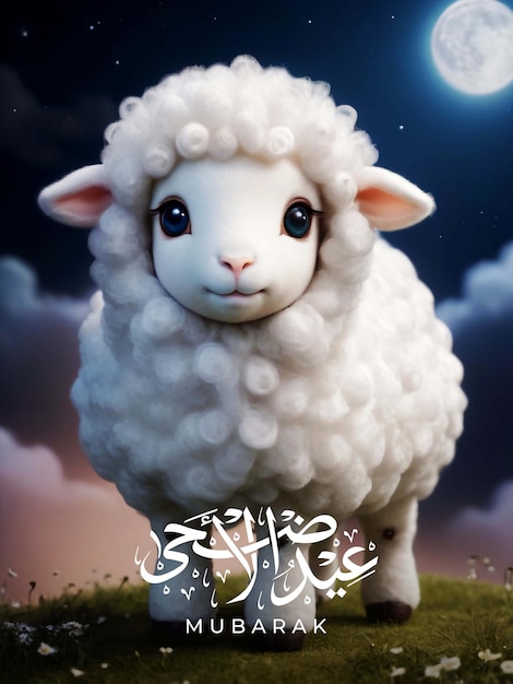 Eid alAdha poster with a strange cloud sheep named Lumina with a body with soft fur as white as mo