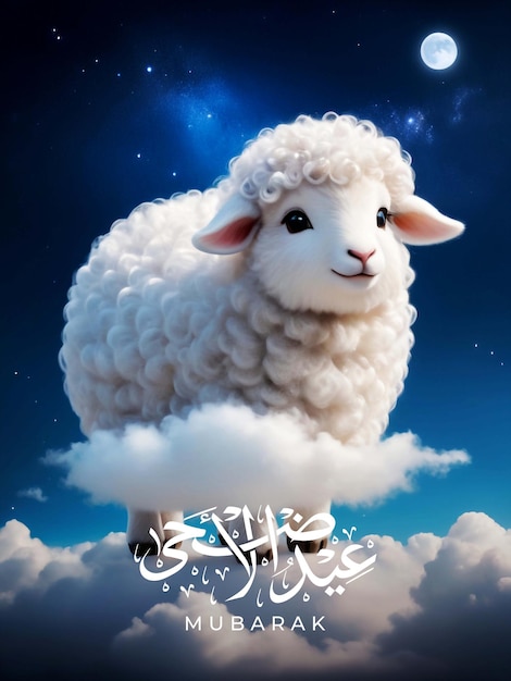 Eid alAdha poster with a strange cloud sheep named Lumina with a body with soft fur as white as mo