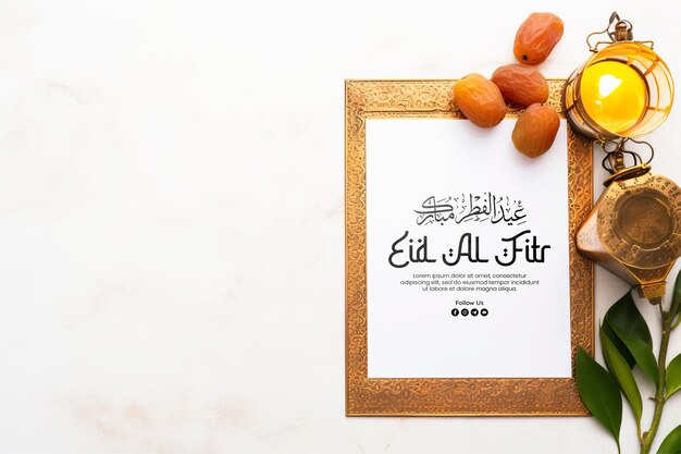 PSD eid alfitr greeting card with bronze plate with dates fruit olive branches glowing moroccan lante