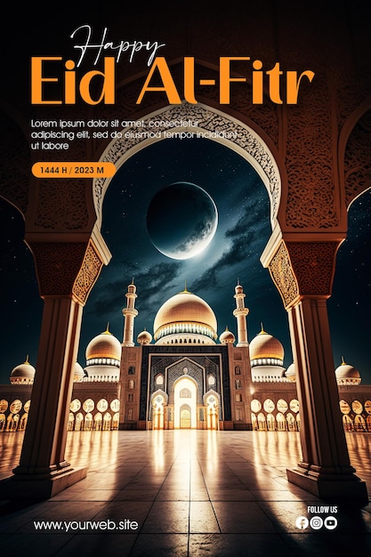 Eid alFitr greeting poster with a mosque and moon as a background