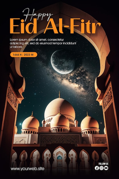 Eid alFitr greeting poster with a mosque and moon as a background