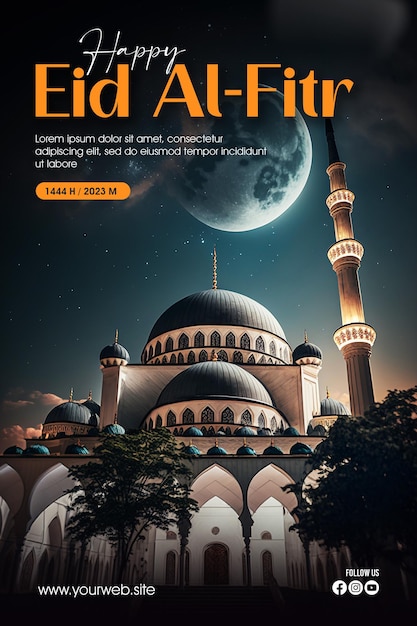 Eid alFitr greeting poster with a mosque and moon as a background