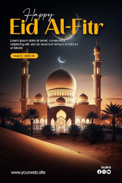 Eid alFitr greeting poster with a mosque and moon as a background