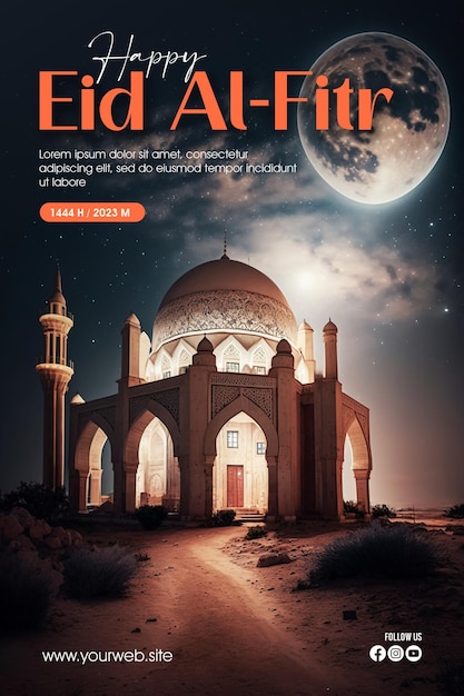 Eid alFitr greeting poster with a mosque and moon as a background